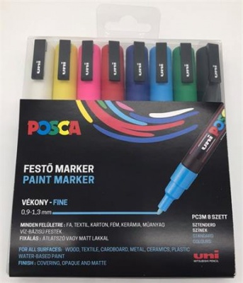 Dekormarker készlet, 0,9-1,3 mm, UNI "Posca PC-3M", 8 különböző szín